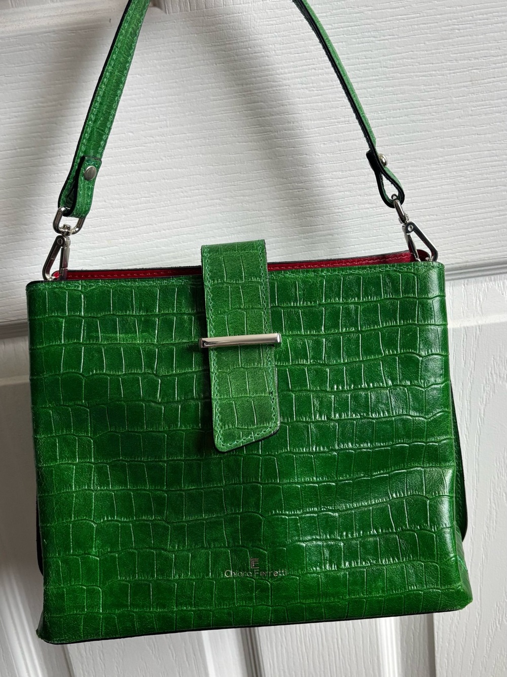 Green Croc-Embossed Shoulder Bag